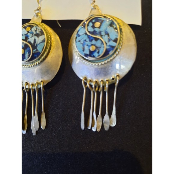 Vintage Mexico, Silver Yin Yang Turquoise Dangle Pierced Earrings - Picture 3 of 5